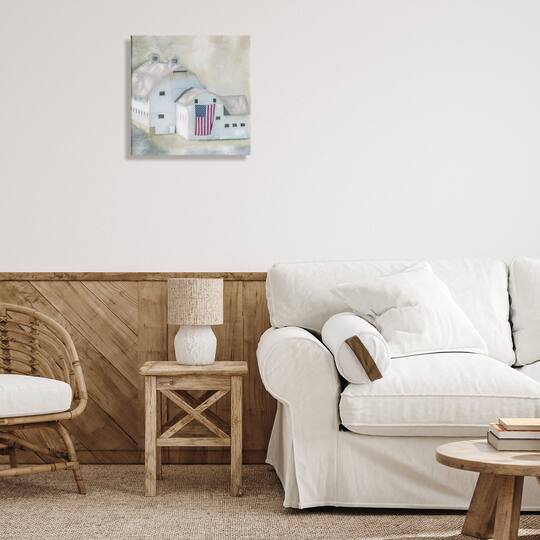 Stupell Industries American Flag White Farmhouse Barn Rural Countryside Canvas Wall Art